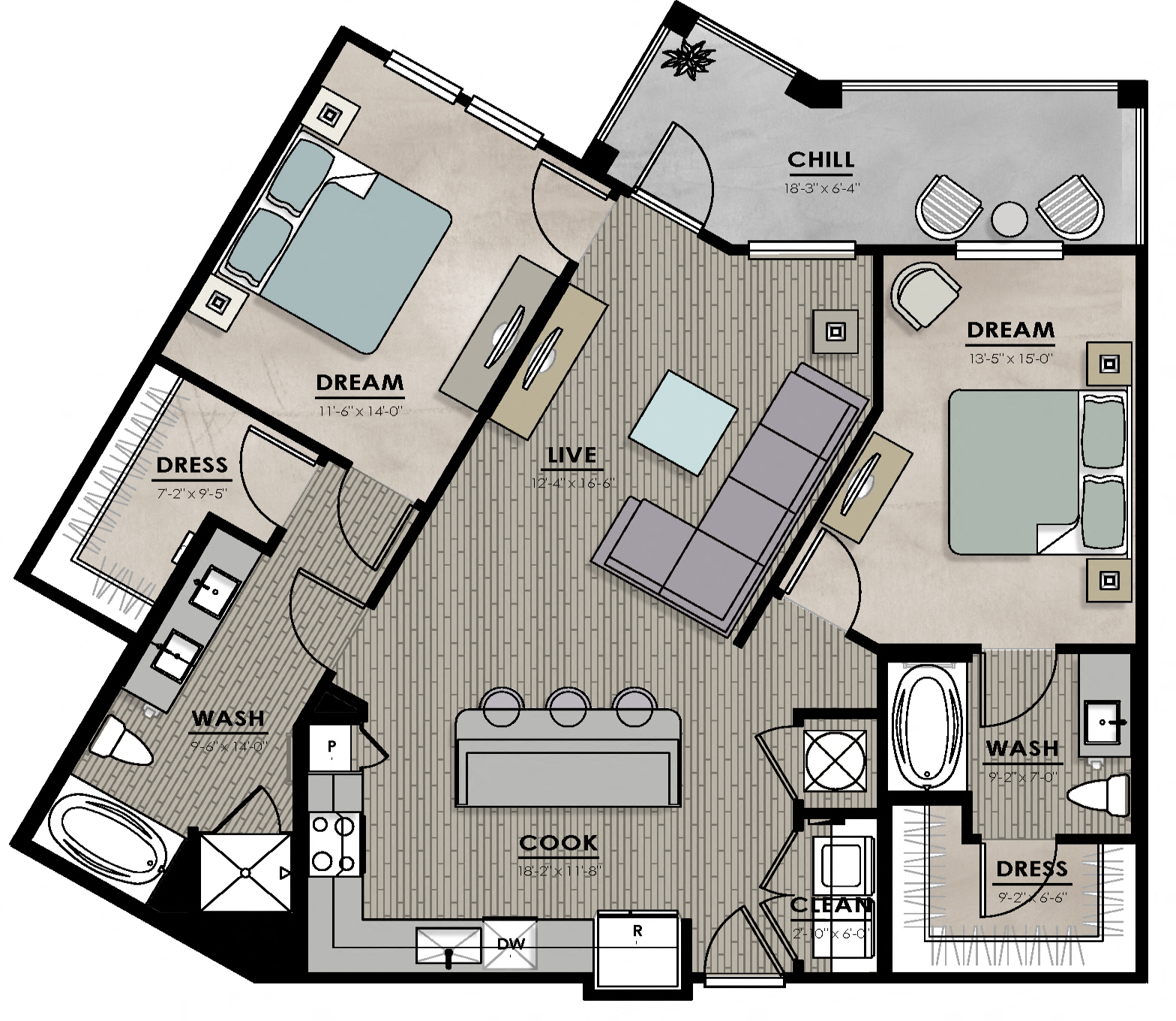 Floor plan for 2 beds, 2 baths, 1195 sqft